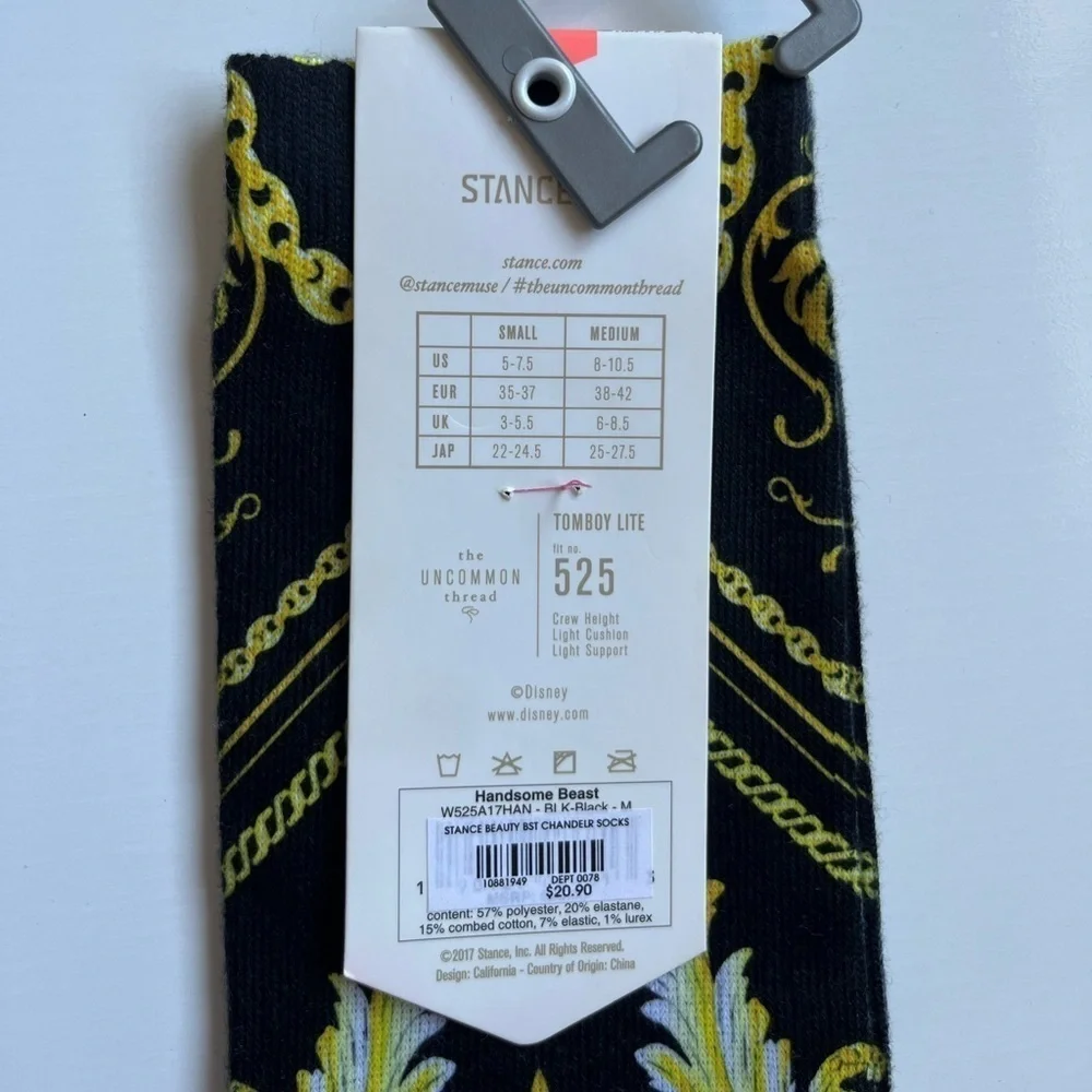 NWT DISNEY Stance Black and Gold Baroque Crew Socks beauty and the beast